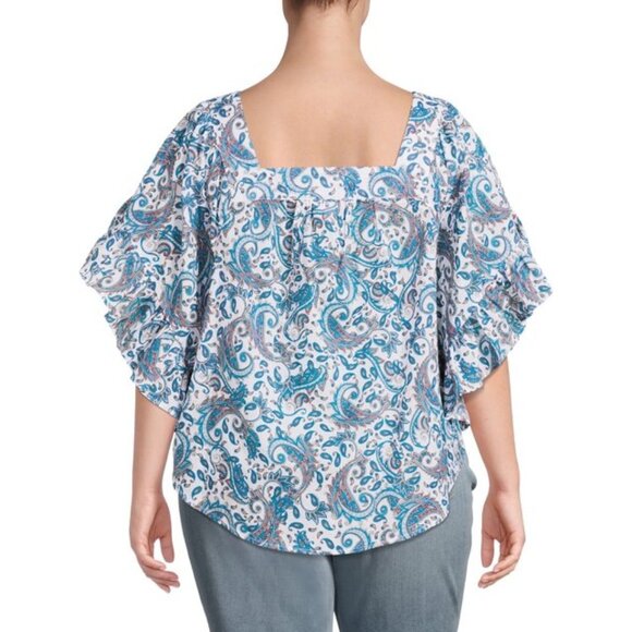Terra & Sky Women's Plus Size Square Neck Paisley Blue Peasant Top Size 1X - Picture 2 of 13